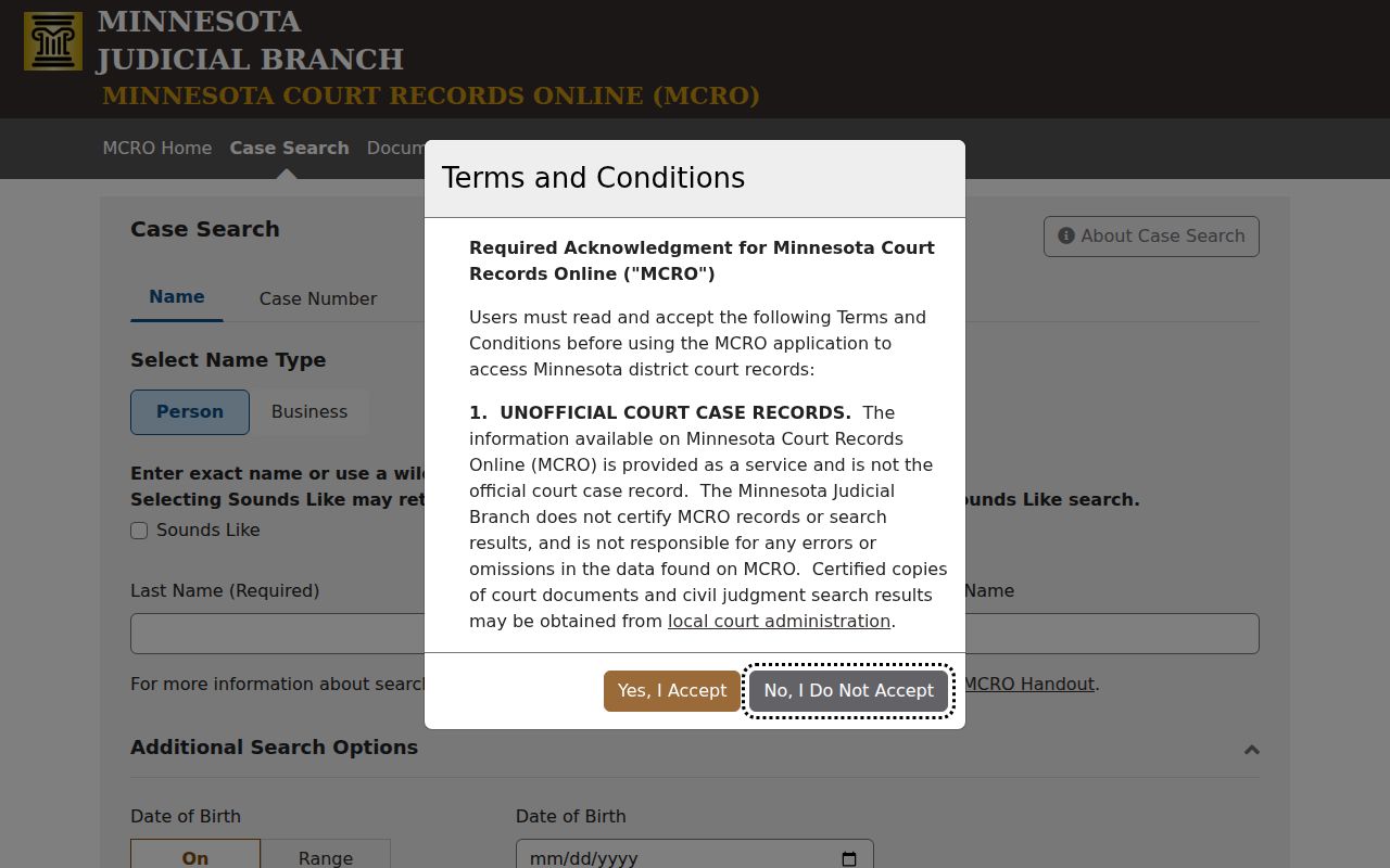 Pope County warrant search fields on the Minnesota court case portal