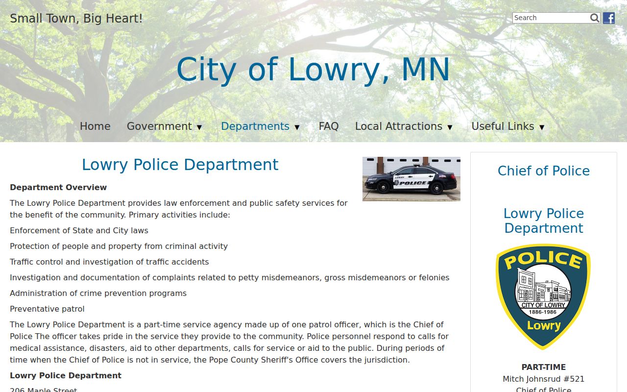 Pope County part-time police department coverage for municipal warrant records
