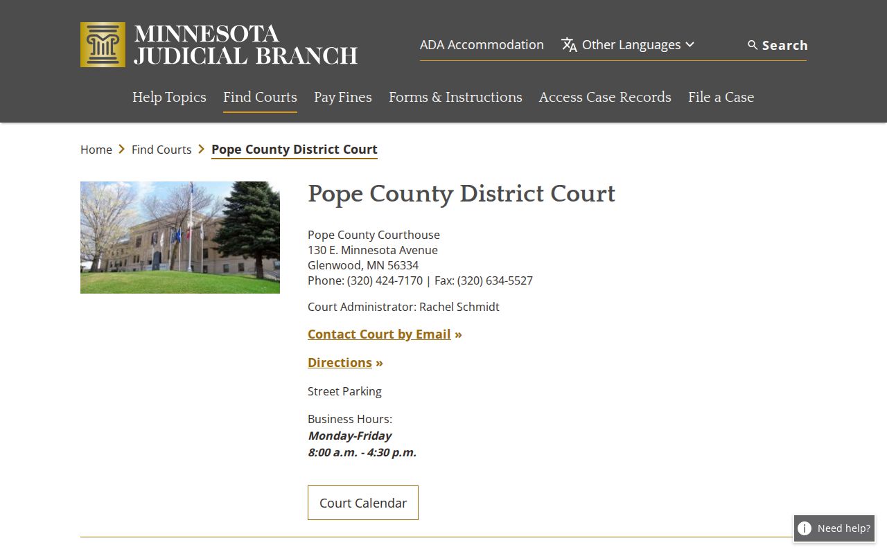 Pope County courthouse location for warrant records in Glenwood